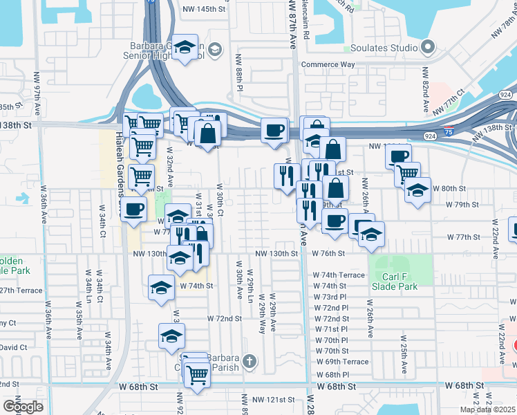 map of restaurants, bars, coffee shops, grocery stores, and more near 7922 West 29th Way in Hialeah