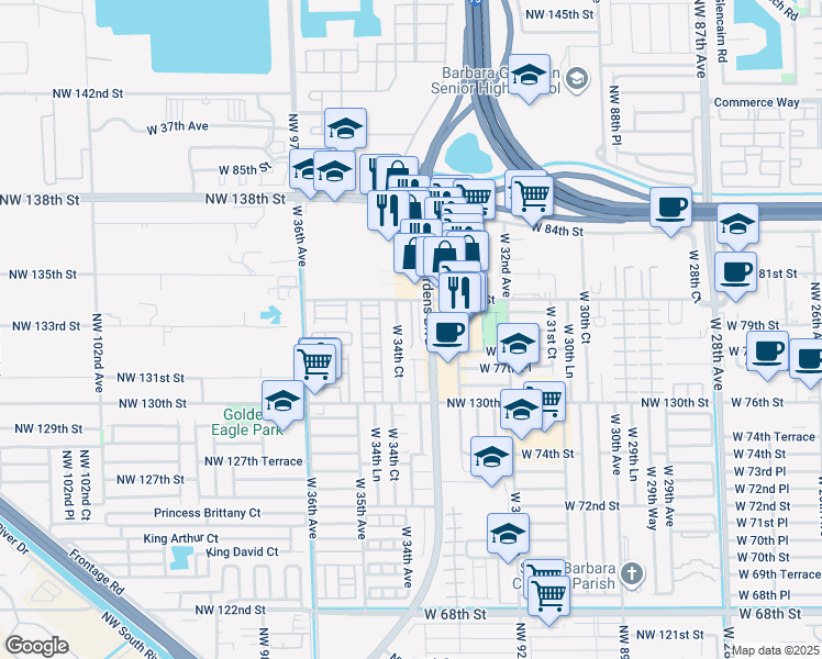 map of restaurants, bars, coffee shops, grocery stores, and more near 3388 West 80th Street in Hialeah