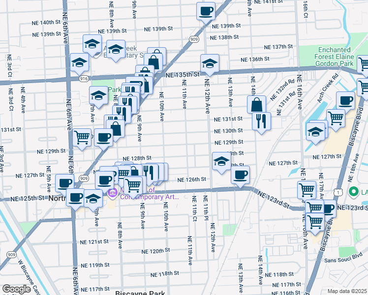 map of restaurants, bars, coffee shops, grocery stores, and more near 1101 Northeast 129th Street in North Miami