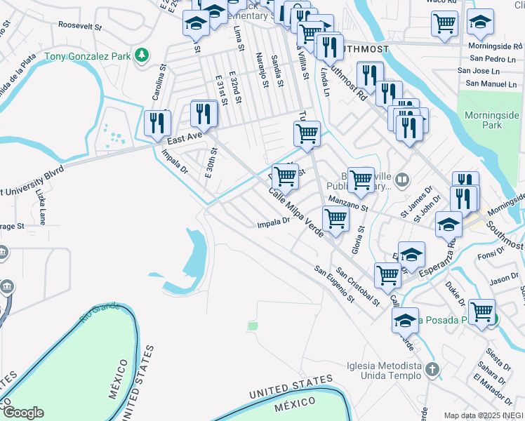 map of restaurants, bars, coffee shops, grocery stores, and more near 3145 Jaguar Street in Brownsville