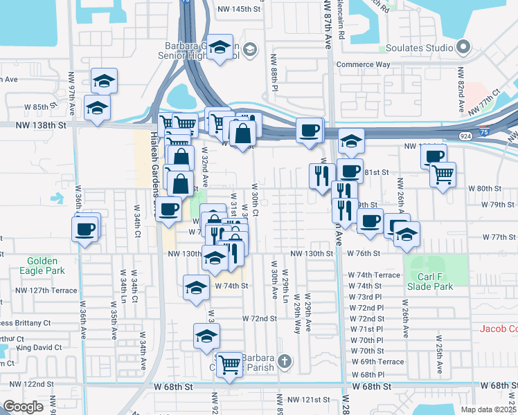 map of restaurants, bars, coffee shops, grocery stores, and more near 7935 West 30th Court in Hialeah