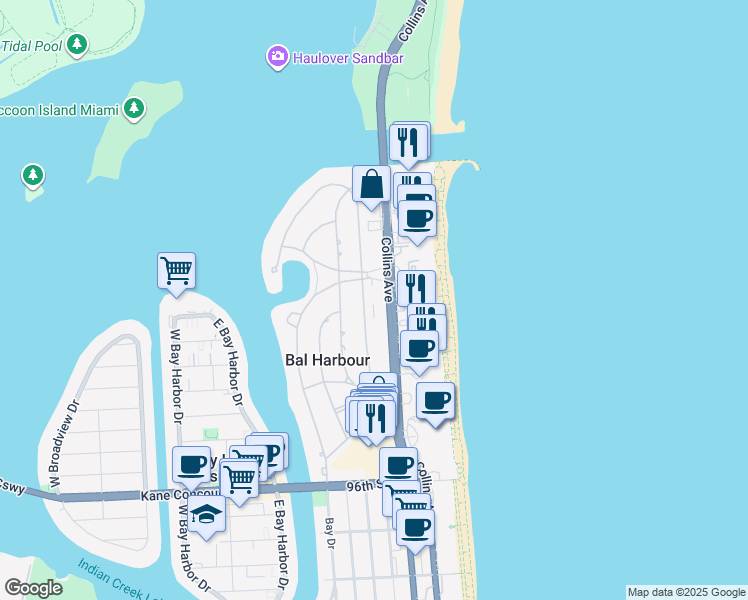 map of restaurants, bars, coffee shops, grocery stores, and more near 198 Park Drive in Bal Harbour