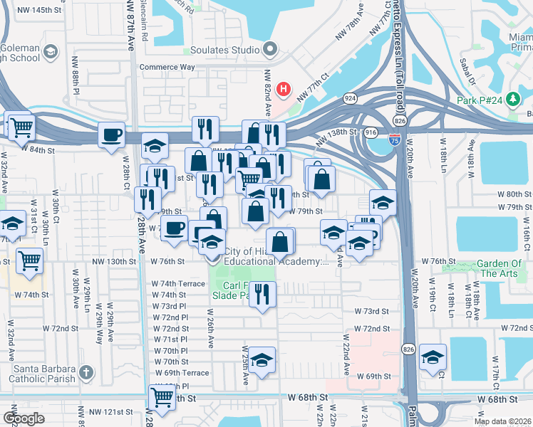 map of restaurants, bars, coffee shops, grocery stores, and more near 9490 Northwest 82nd Avenue in Hialeah