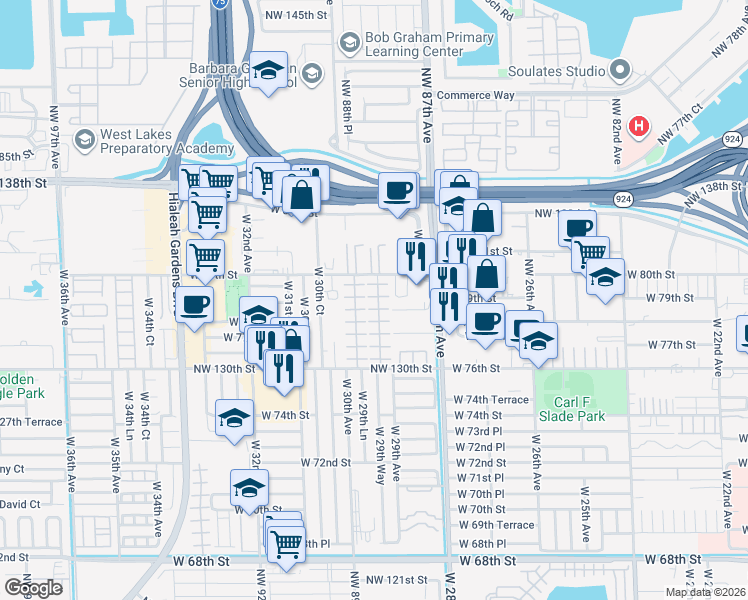 map of restaurants, bars, coffee shops, grocery stores, and more near 7922 West 29th Way in Hialeah