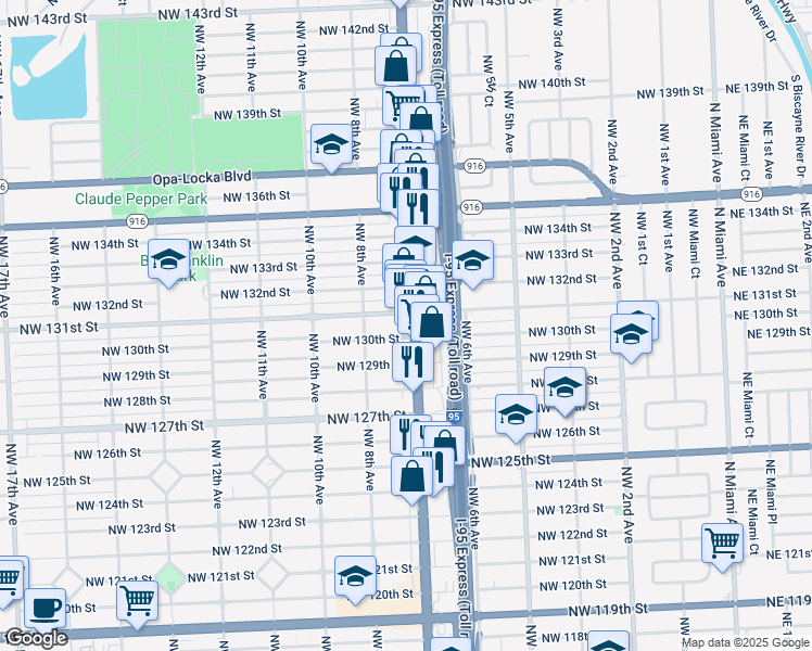 map of restaurants, bars, coffee shops, grocery stores, and more near in North Miami