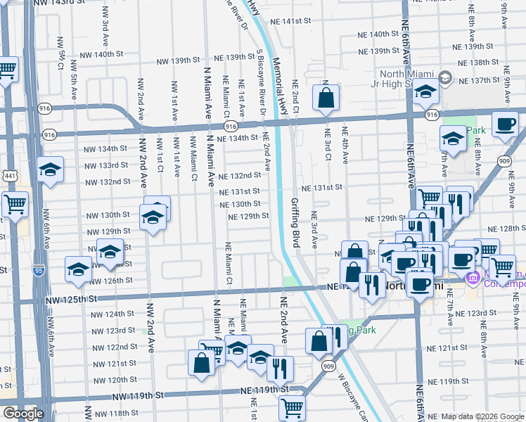 map of restaurants, bars, coffee shops, grocery stores, and more near 170 Northeast 130th Street in North Miami