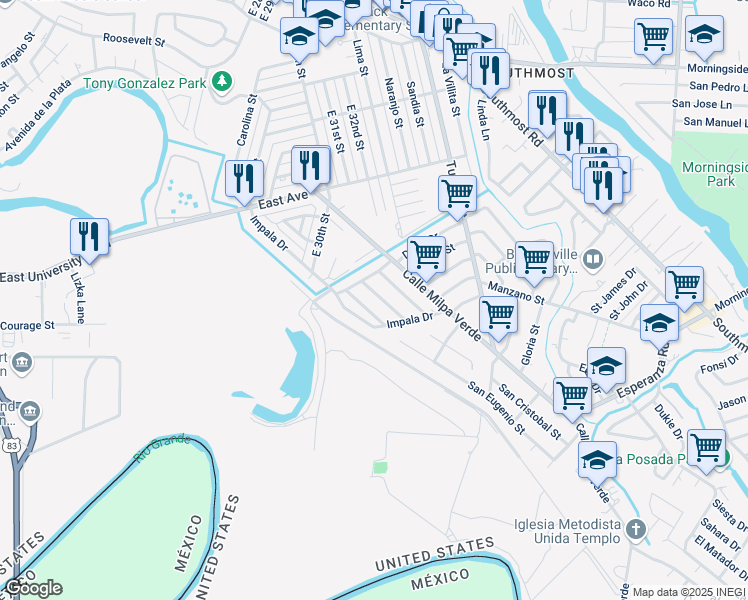 map of restaurants, bars, coffee shops, grocery stores, and more near 3145 Jaguar Street in Brownsville