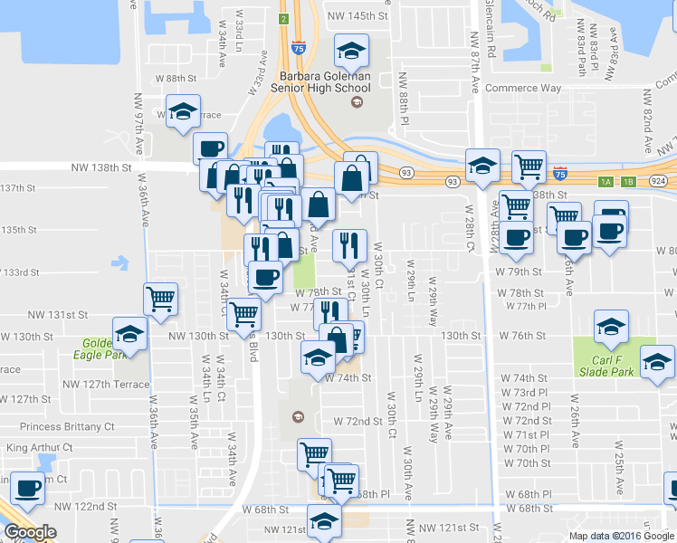 map of restaurants, bars, coffee shops, grocery stores, and more near 3166 West 79th Place in Hialeah