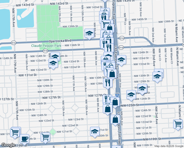 map of restaurants, bars, coffee shops, grocery stores, and more near 840 Northwest 131st Street in North Miami