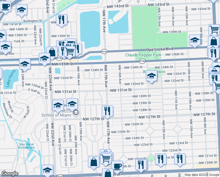 map of restaurants, bars, coffee shops, grocery stores, and more near 13160 Northwest 17th Avenue in Miami