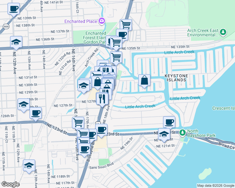map of restaurants, bars, coffee shops, grocery stores, and more near 12900 Auralia Road in North Miami