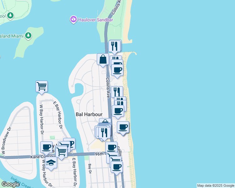 map of restaurants, bars, coffee shops, grocery stores, and more near 10185 Collins Avenue in Bal Harbour