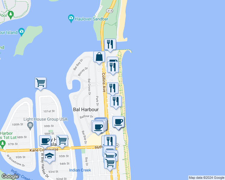map of restaurants, bars, coffee shops, grocery stores, and more near 10185 Collins Avenue in Bal Harbour