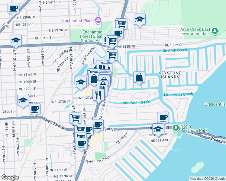 map of restaurants, bars, coffee shops, grocery stores, and more near 12900 Auralia Road in North Miami