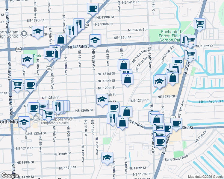 map of restaurants, bars, coffee shops, grocery stores, and more near in North Miami