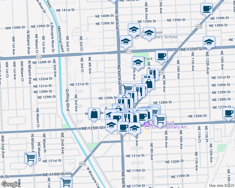 map of restaurants, bars, coffee shops, grocery stores, and more near in North Miami