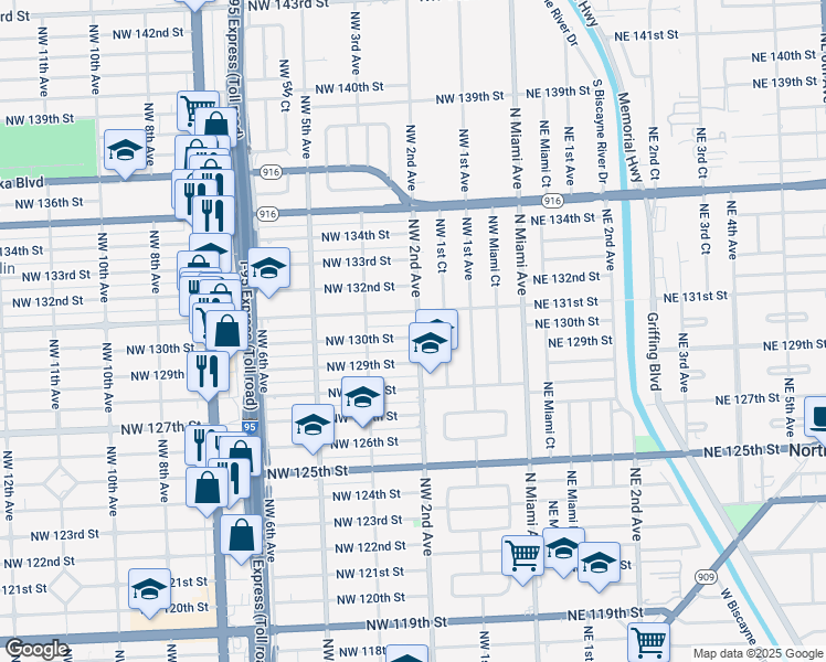 map of restaurants, bars, coffee shops, grocery stores, and more near 240 Northwest 131st Street in North Miami