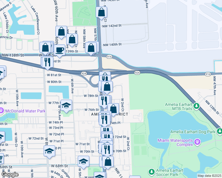 map of restaurants, bars, coffee shops, grocery stores, and more near 345 West 78th Road in Hialeah