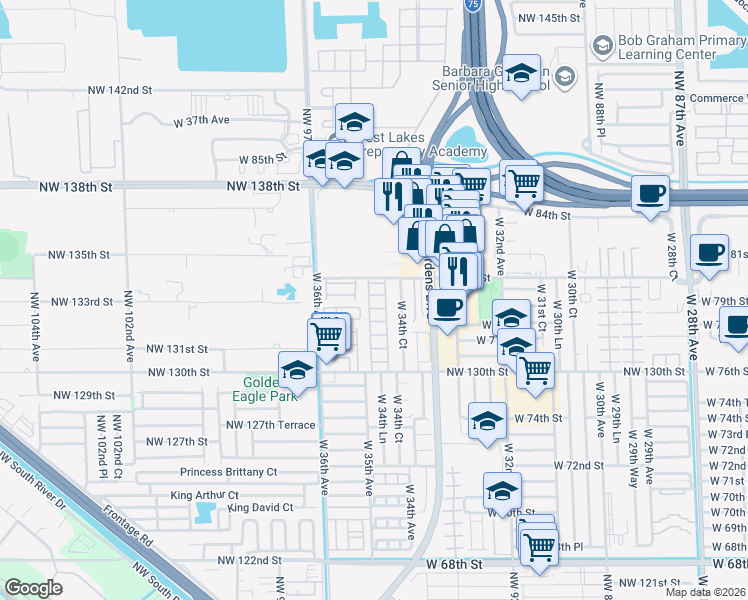 map of restaurants, bars, coffee shops, grocery stores, and more near 7900 West 34th Lane in Hialeah