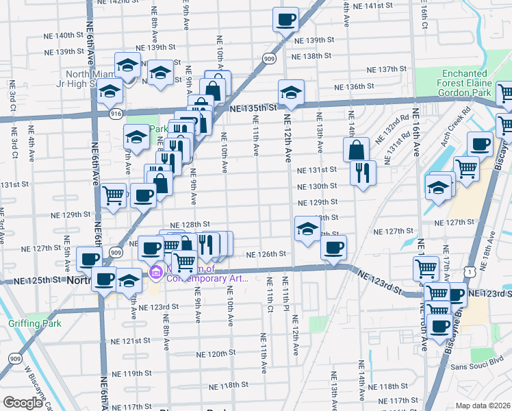 map of restaurants, bars, coffee shops, grocery stores, and more near 1101 Northeast 129th Street in North Miami