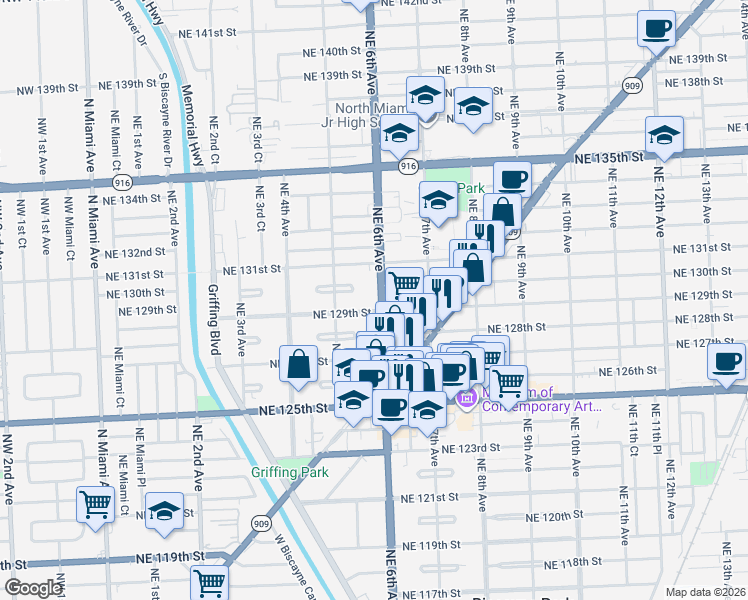 map of restaurants, bars, coffee shops, grocery stores, and more near in North Miami