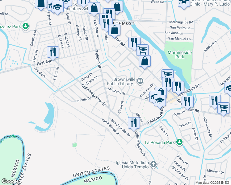map of restaurants, bars, coffee shops, grocery stores, and more near 213 Manzano Street in Brownsville