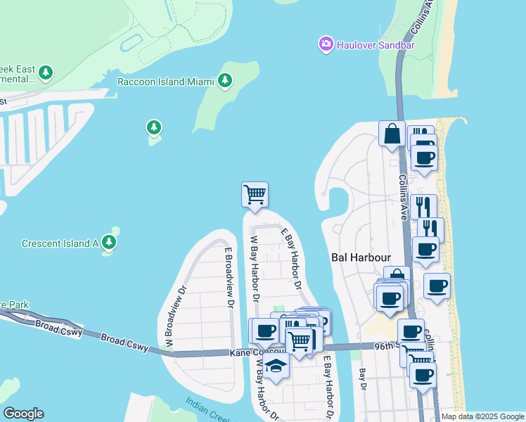 map of restaurants, bars, coffee shops, grocery stores, and more near 1155 103rd Street in Miami Beach