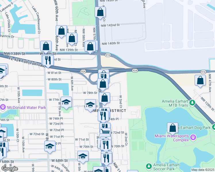 map of restaurants, bars, coffee shops, grocery stores, and more near 345 West 78th Road in Hialeah