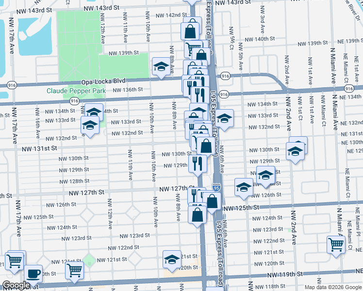 map of restaurants, bars, coffee shops, grocery stores, and more near 770 Northwest 131st Street in North Miami