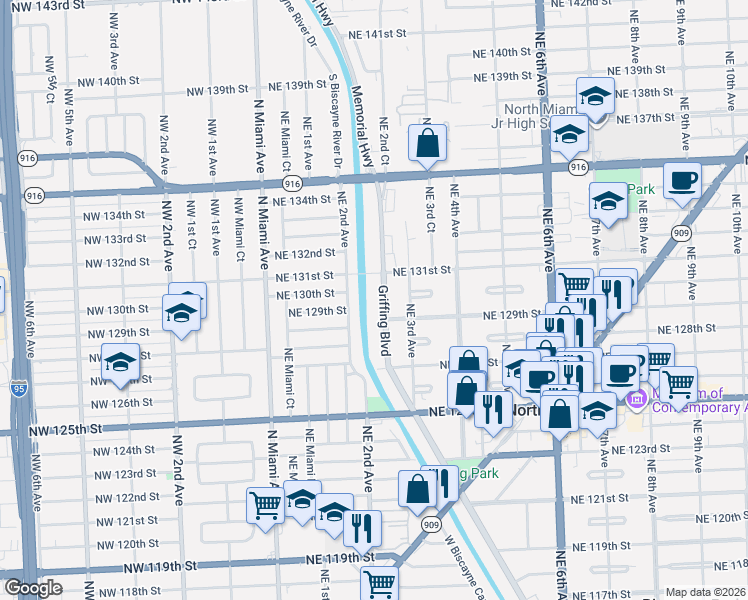 map of restaurants, bars, coffee shops, grocery stores, and more near 12950 Griffing Boulevard in North Miami