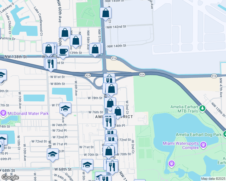 map of restaurants, bars, coffee shops, grocery stores, and more near 345 West 78th Road in Hialeah