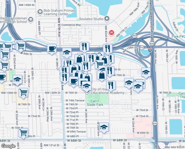 map of restaurants, bars, coffee shops, grocery stores, and more near 7930 West 25th Court in Hialeah