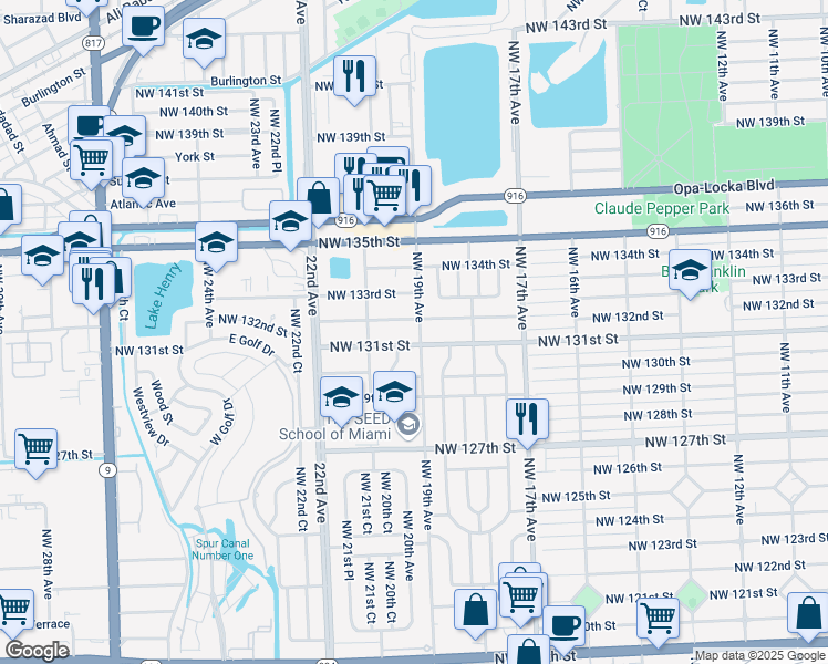 map of restaurants, bars, coffee shops, grocery stores, and more near 1930 Northwest 132nd Street in Miami