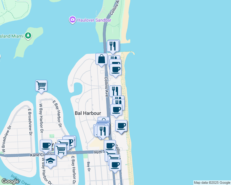 map of restaurants, bars, coffee shops, grocery stores, and more near 10185 Collins Avenue in Bal Harbour