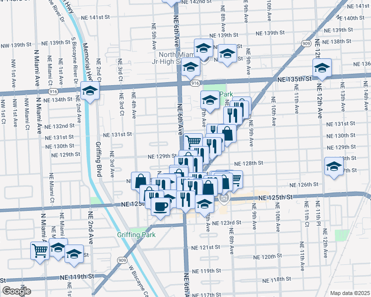 map of restaurants, bars, coffee shops, grocery stores, and more near 12955 Northeast 6th Avenue in North Miami