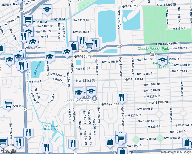 map of restaurants, bars, coffee shops, grocery stores, and more near 1930 Northwest 132nd Street in Miami