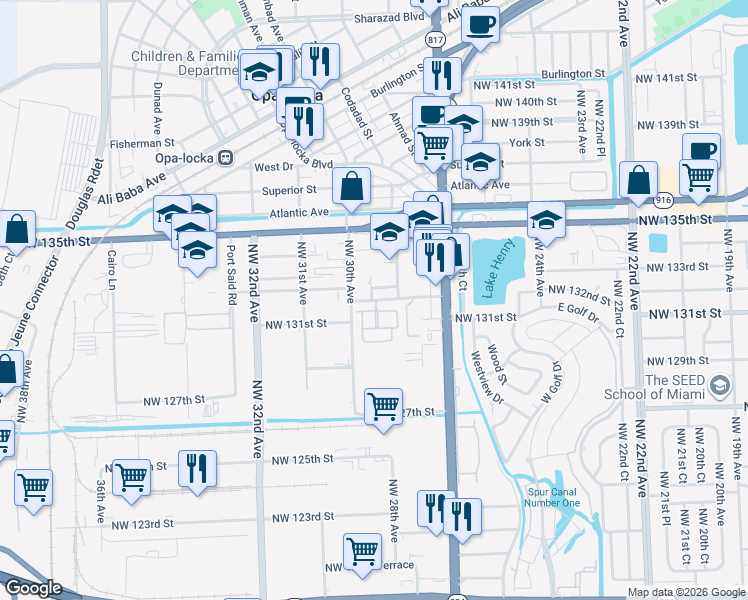 map of restaurants, bars, coffee shops, grocery stores, and more near 13201 Northwest 29th Avenue in Opa-locka