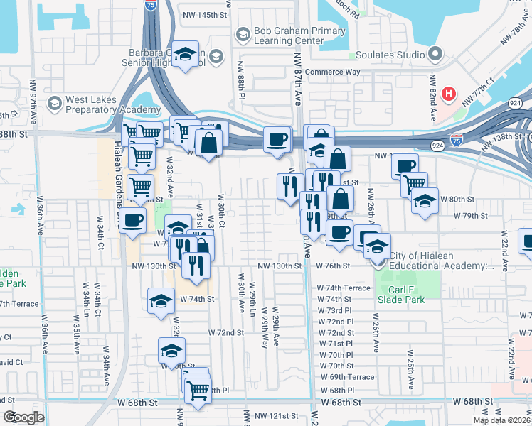 map of restaurants, bars, coffee shops, grocery stores, and more near 7922 West 29th Way in Hialeah