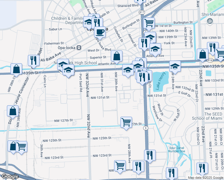map of restaurants, bars, coffee shops, grocery stores, and more near 2924 Northwest 132nd Terrace in Opa-locka