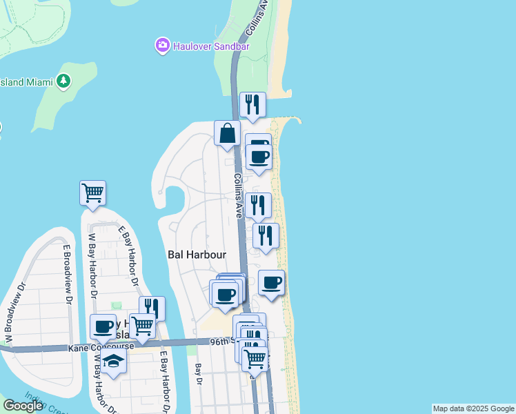 map of restaurants, bars, coffee shops, grocery stores, and more near 10185 Collins Avenue in Bal Harbour