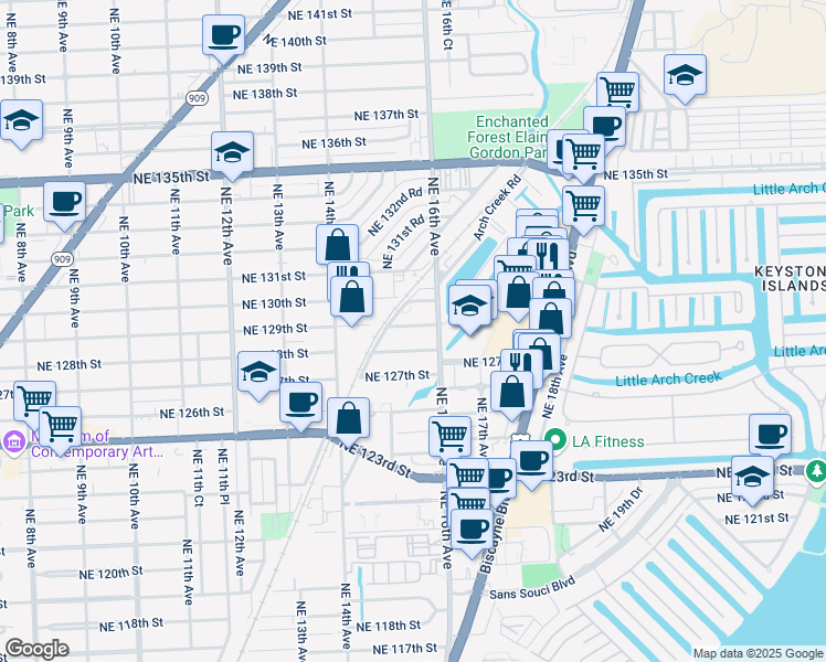 map of restaurants, bars, coffee shops, grocery stores, and more near 1540 Northeast 129th Street in North Miami