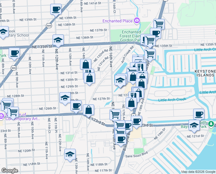 map of restaurants, bars, coffee shops, grocery stores, and more near 1540 Northeast 129th Street in North Miami
