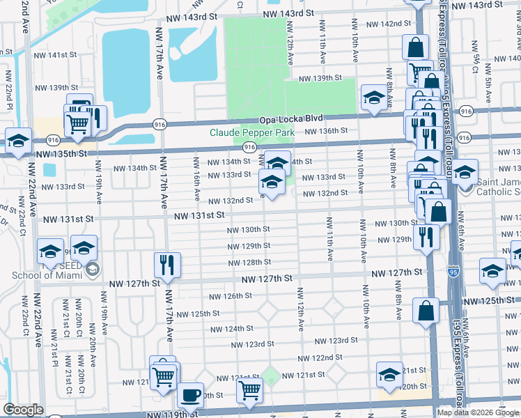 map of restaurants, bars, coffee shops, grocery stores, and more near 1301 NW 131st St in North Miami