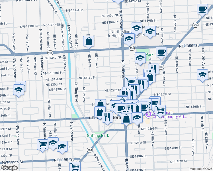 map of restaurants, bars, coffee shops, grocery stores, and more near 12995 Northeast 4th Avenue in North Miami