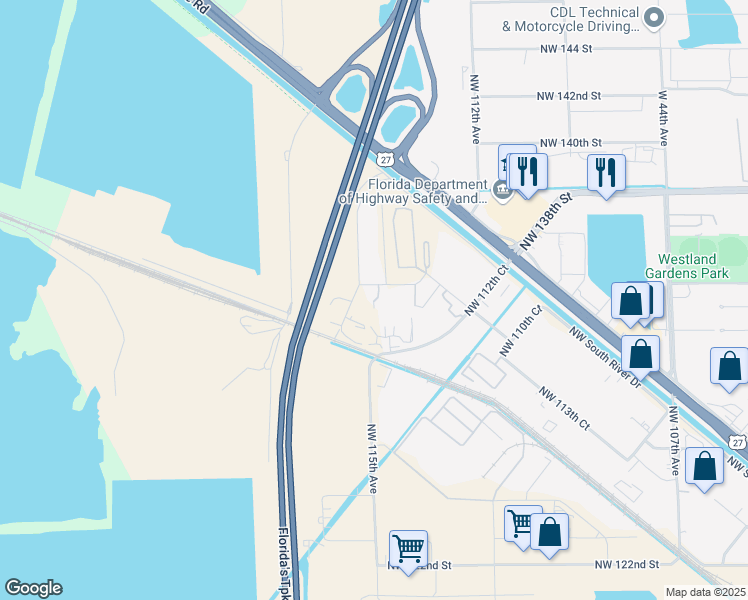map of restaurants, bars, coffee shops, grocery stores, and more near 11400 Northwest 134th Street in Miami