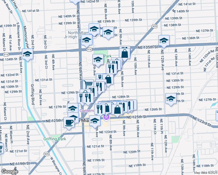 map of restaurants, bars, coffee shops, grocery stores, and more near 12930 Northeast 8th Avenue in North Miami