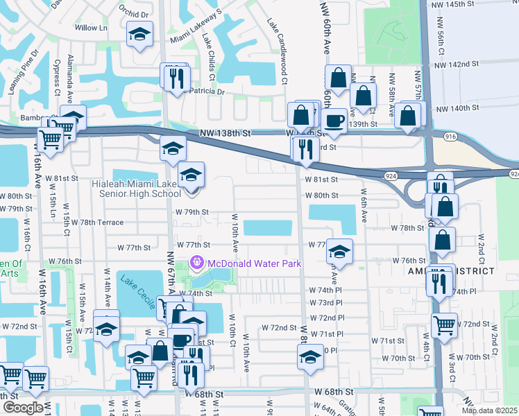 map of restaurants, bars, coffee shops, grocery stores, and more near 917 West 79th Street in Hialeah