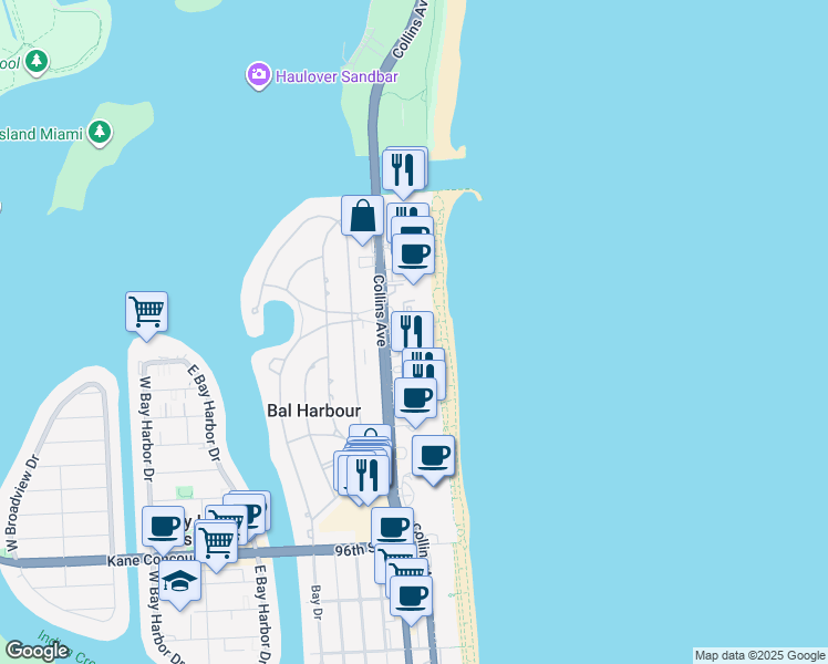 map of restaurants, bars, coffee shops, grocery stores, and more near 10185 Collins Avenue in Bal Harbour
