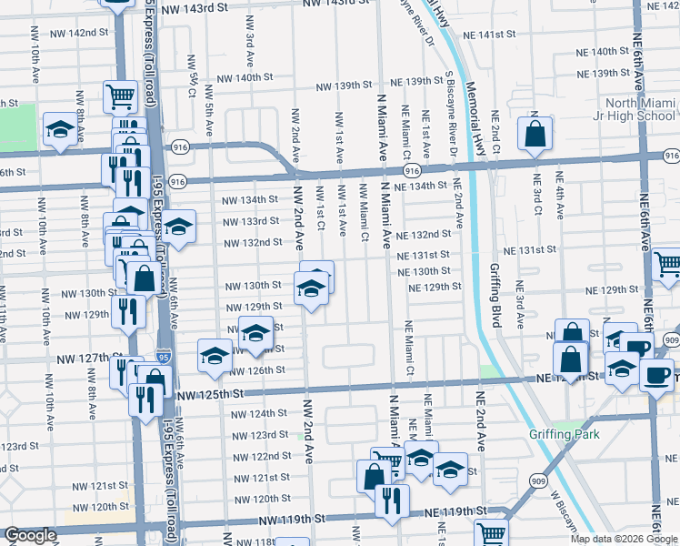 map of restaurants, bars, coffee shops, grocery stores, and more near 13025 Northwest 1st Avenue in Miami