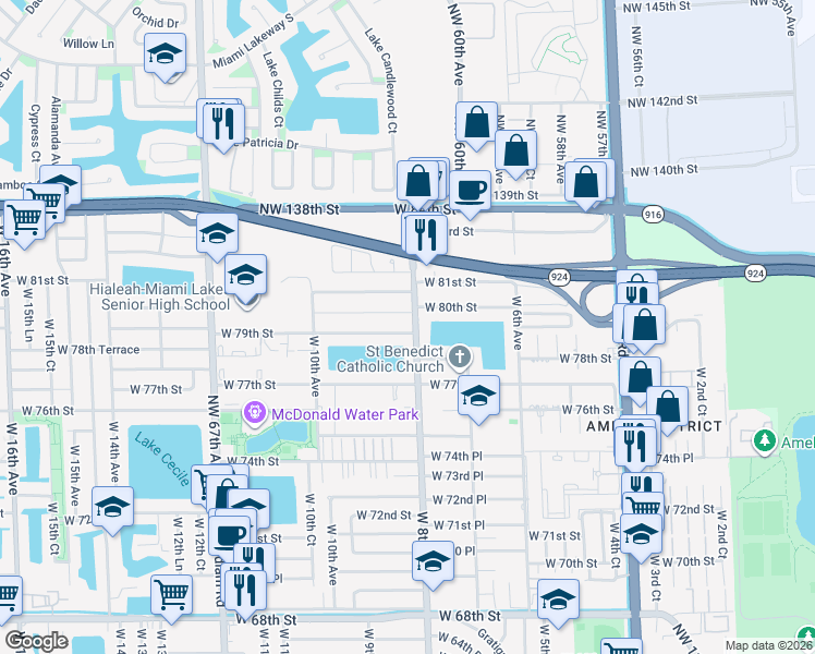 map of restaurants, bars, coffee shops, grocery stores, and more near 831 West 79th Street in Hialeah